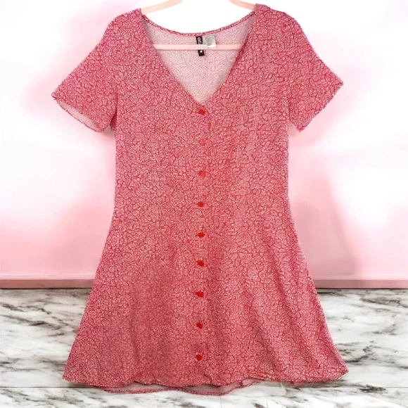 Divided By H&M Floral Red Button-Down Mini Dress Short Sleeves Tie Back - Medium - Picture 1 of 8